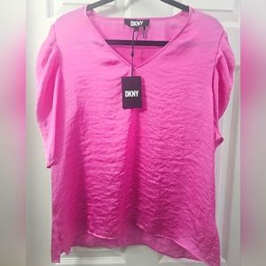 DKNY Pink Textured V-Neck Womens Large Blouse
